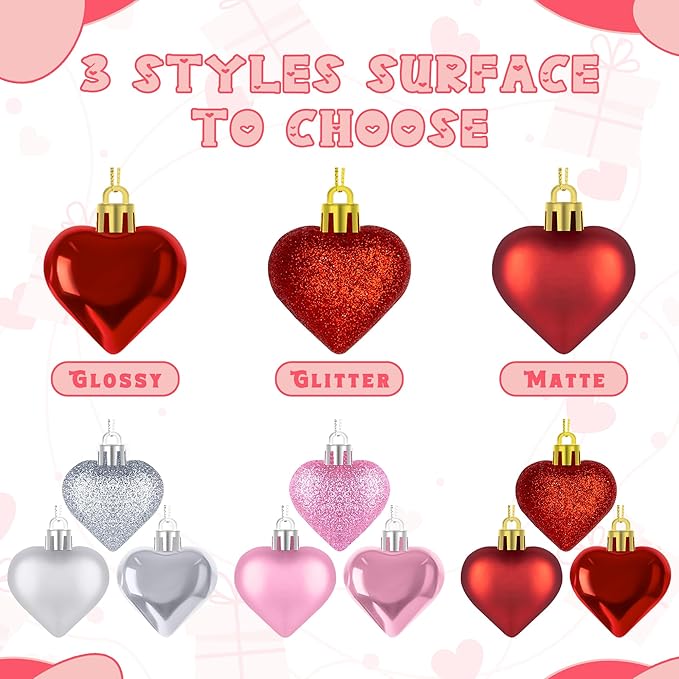 54pcs Valentines Day Heart Shaped Ornaments, Classic Red Pink Silver Hanging Baubles with 2 Sizes, Valentine's Day Decorations for Tree, Love Hanging Decor for Wedding Party