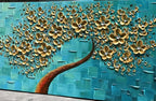 YaSheng Art - Handmade 3D Golden Flowers Artwork Oil Painting On Canvas Texture Palette Knife Flowers Tree Abstract Landscape Paintings Modern Home For Living Room Bedroom Decor Wall Art 20X40 inch