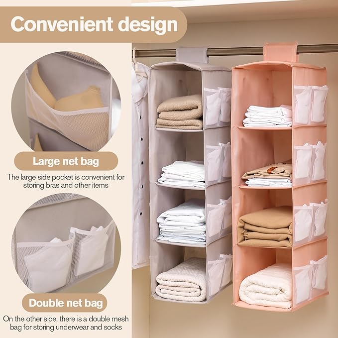 Hanging Closet Organizer, 4-Section Storage Shelves, Oxford Cloth with Mesh Pockets, (Pink, 2 Section)