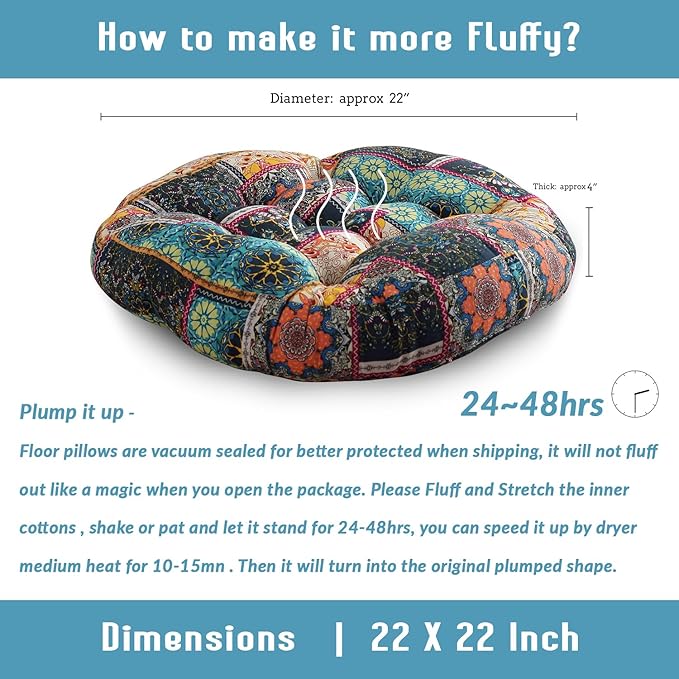Boho Round Floor Seat Pillows Cushions 22" x 22", Soft Cotton Linen Bohemian Yoga Mandala Meditation Pouf Tatami Floor Pillow Cushion for Living Room Adults & Kids Casual Reading Nooks,Flowers Green