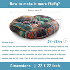 Boho Round Floor Seat Pillows Cushions 22" x 22", Soft Cotton Linen Bohemian Yoga Mandala Meditation Pouf Tatami Floor Pillow Cushion for Living Room Adults & Kids Casual Reading Nooks,Flowers Green