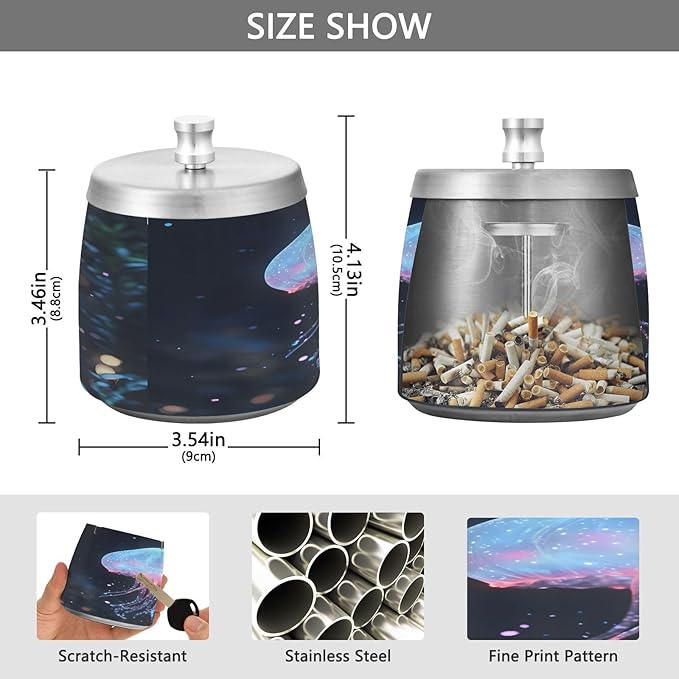 Jellyfish Ashtray with Lid, Outdoor Ashtrays for Patio, Stainless Steel Ashtray Odorless Smokeless for Home Office Balcony