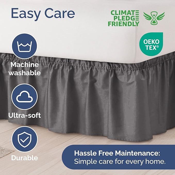 Wrap Around Dust Ruffle Bed Skirt - Dark Grey - Twin/Twin XL Size Beds with 12 Inch Drop - Elastic Strap - Adjustable Pleated Bedskirt with Brushed Fabric and Wrinkle Free - Women, Men, Kids & Teens