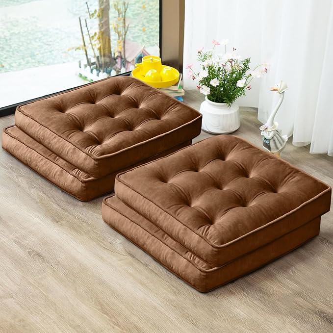 Floor Pillow Set of 4, Memory Foam Meditation Cushion, Floor Cushions for Adults Sitting, Large Square Seat Cushions for Yoga, Living Room, 20x20 Inch (Brown)