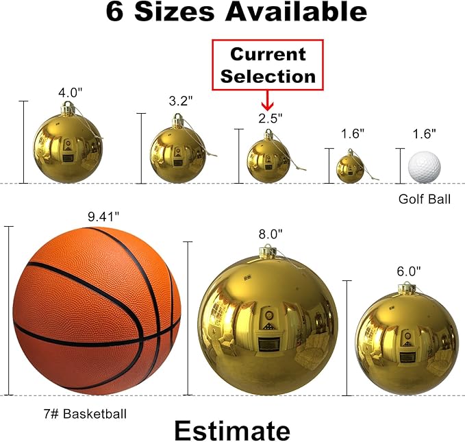 Gold 2.5" Christmas Balls Christmas Tree Decoration Ornaments Shatterproof Hanging Balls for Birthday Halloween Holiday Wedding Decorations Set of 24pcs
