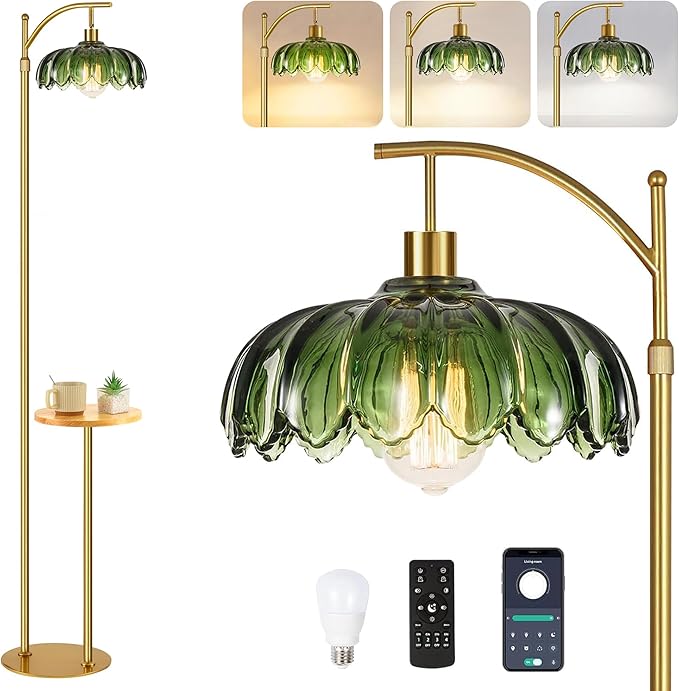Glass Floor Lamp with Table and Shelves for Living Room Bedroom,Gold Standing Lamp with Remote Dimmable,Boho Brass Tall Lamp Vintage Farmhouse Arc Green Flower Floor Light Bohemian