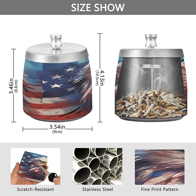 Painting Usa Flag Cool Eagle Ashtray with Lid, Outdoor Ashtrays for Patio, Stainless Steel Ashtray Odorless Smokeless for Home Office Balcony
