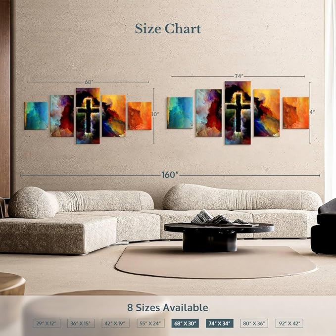 Elephant Stock Colorful Cross Wall Art Multi Piece Canvas - 5 Panel Christian Pictures Decor - Digital Design Canvas Print - Christian Wall Decor - 68" X 30"