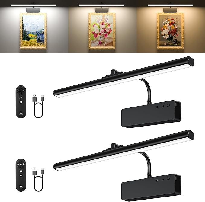 Picture Light, 15.35inch Wireless Picture Lights for Wall Rechargeable, 5400mAh Battery Wall Light with Remote, 3 Color Art Lighting for Paintings with Timer and Dimmable Artwork Display (Black-2PCS)