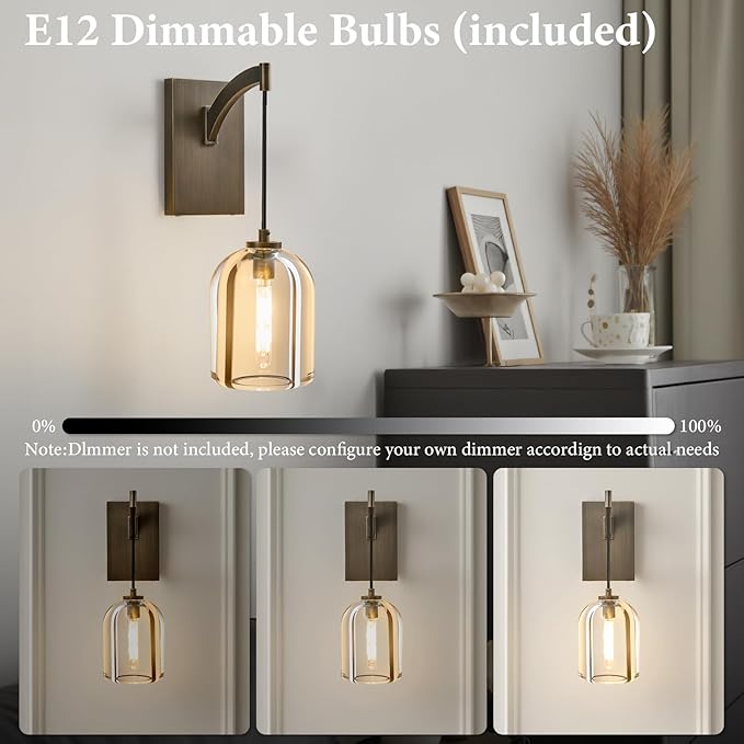 Crystal Brass Hemisphere Wall Sconce - Luxury Antique Brushed Lighting Fixture with K9 Crystals Cloche - Modern Gold Sconces - Dimmable Indoor Hanging Light for Bathroom Living Room Stair