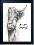 Gongyuanyihao Arts Funny Highland Cow Bathroom Wall Art with Black Frame, Are You Pooping Sign for Farmhouse Restroom Decor, Rustic Humorous Canvas Print Painting Ready to Hang 16"x20"