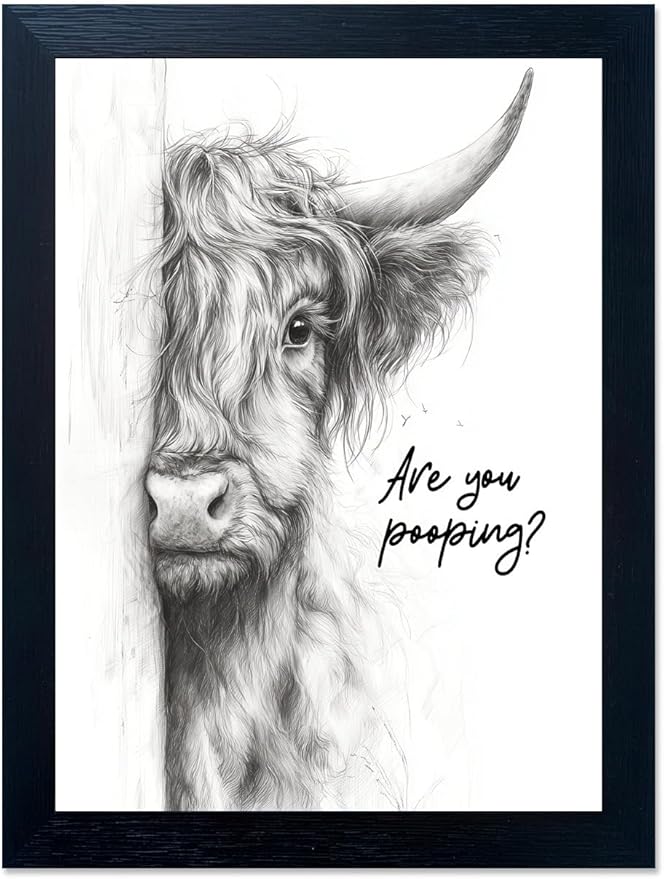 Gongyuanyihao Arts Funny Highland Cow Bathroom Wall Art with Black Frame, Are You Pooping Sign for Farmhouse Restroom Decor, Rustic Humorous Canvas Print Painting Ready to Hang 11"x14"
