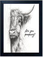 Gongyuanyihao Arts Funny Highland Cow Bathroom Wall Art with Black Frame, Are You Pooping Sign for Farmhouse Restroom Decor, Rustic Humorous Canvas Print Painting Ready to Hang 8"x10"