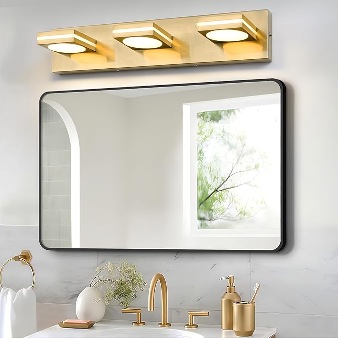 OKELI 3-Light LED Bathroom Vanity Light Fixtures, Gold Modern Bathroom Wall Lighting Fixtures Over Mirror (3CCT, 3000K-6000K)