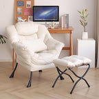Lazy Chair with Ottoman, Modern Accent Chair with Lumbar Pillow, Velvet Beige Sofa, Lounge Chairs with Folding Footrest, Oversized Supportive Chairs for Bedroom, Reading