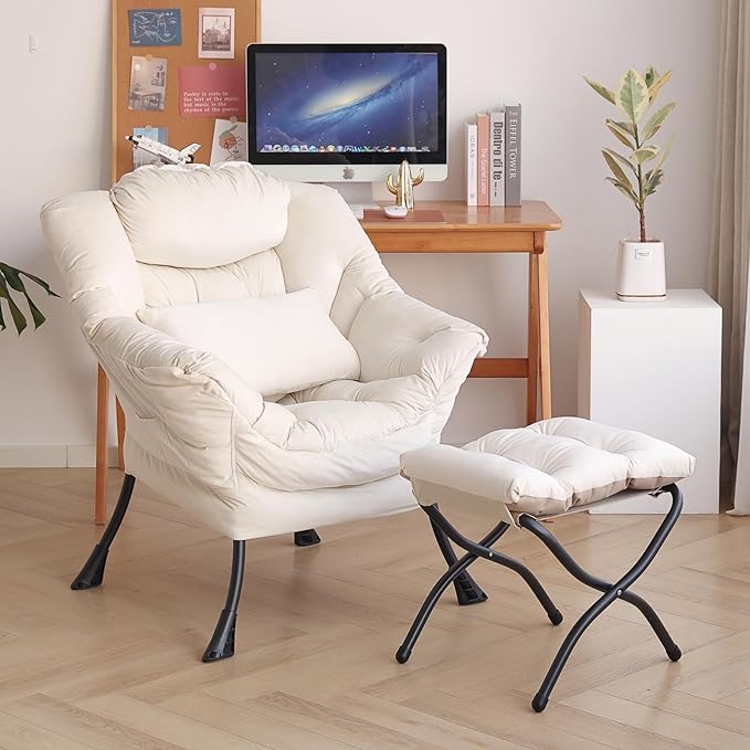 Lazy Chair with Ottoman, Modern Accent Chair with Lumbar Pillow, Velvet Beige Sofa, Lounge Chairs with Folding Footrest, Oversized Supportive Chairs for Bedroom, Reading