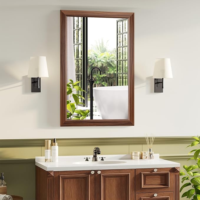 Bathroom Mirror for Over Sink,24x36Inch Thick Anti-Rust Wood Grain Metal Frame, Rectangle Decorative Wall Mirror with HD Tempered Glass, Horizontal or Vertical Mount for Vanity, Bathroom,Living Room
