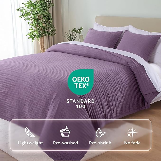 KASENTEX Queen Quilt Set 90"x90" – Soft Washed 3-Layer Lightweight Bedspread, Minimalist Nordic Design, All-Season Spring & Summer Quilt Set (1 Quilt + 2 Pillow Shams),Grape Jam Purple