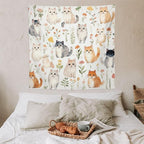VUMIVI Cute Cat Tapestry Cartoon Pets Flowers Mushrooms Butterflies Watercolor Illustrations Tapestry Wall Hanging for Living Room Bedroom Dorm Classroom Aesthetic Decor W60xL60in