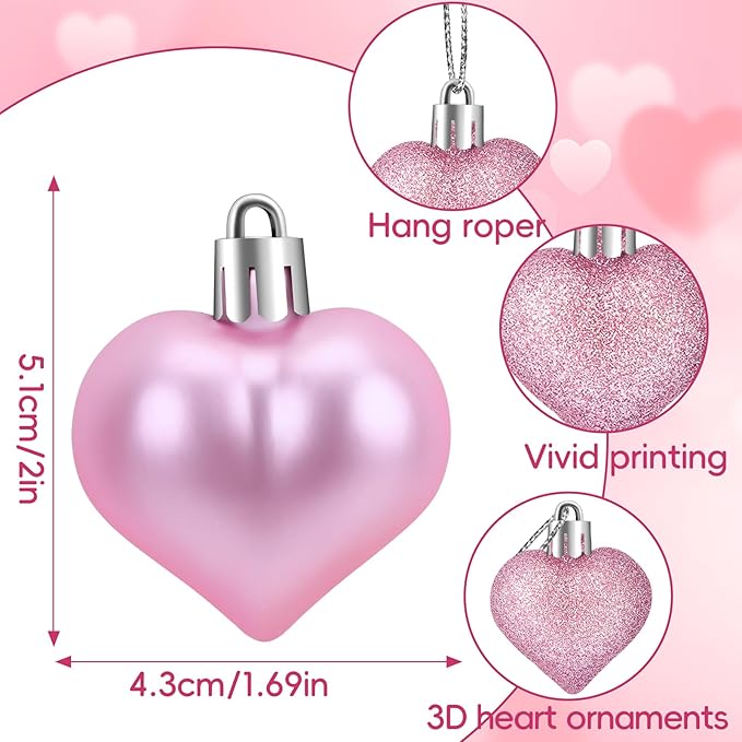 JULMELON 24 Pieces Valentine’s Day Heart Shaped Ornaments, 3D Heart Shaped Bulk Hanging Ornaments, Glossy and Matt Glitter Hearts Hanging Decorations for Valentines Day Tree Decorations Party Home