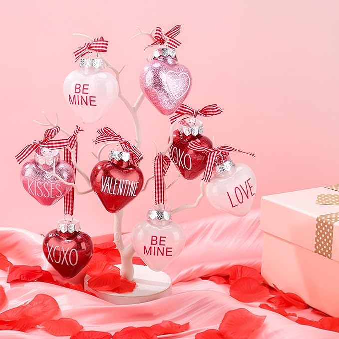 24pcs Valentines Day Ball Ornaments Set with Plastic Rose Petals 2.36 Inches Red Pink White Hanging Balls for Tree Wedding Home Anniversary Decor