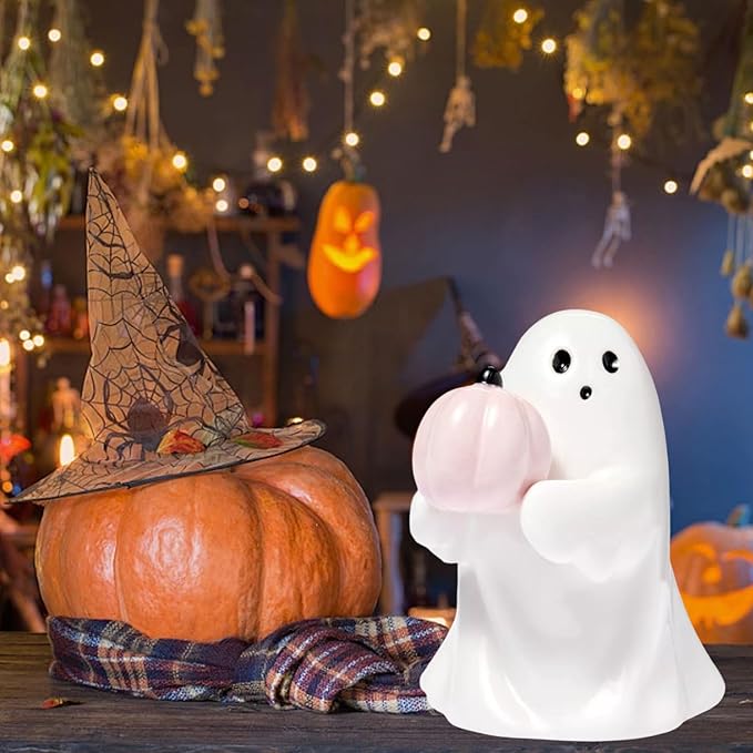 Halloween Ghost Figurine with Holding Pink Pumpkin, Funny Resin Ghost Statue Halloween Decor for Bookshelf, Terrace, Bedroom,Porch and Tabletop
