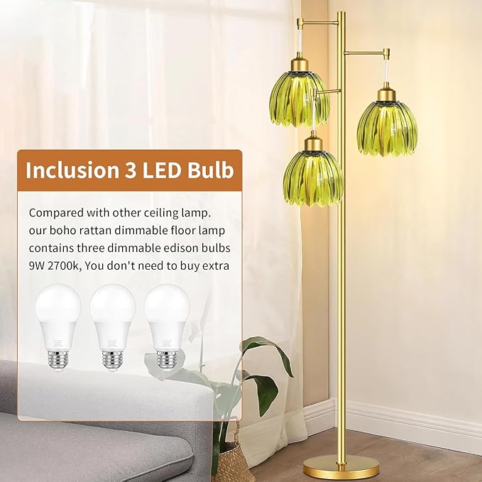 Vintage Floor Lamps for Living Room-3 Light Gold Floor Lamp with Three Bulbs & Glass Lampshape,Glass Mid Century Modern Standing Lamp Tree Tall Flower Floor Lamp for Bedroom Living Room,Corner