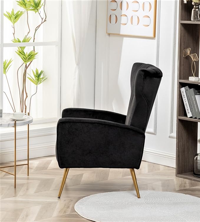 Modern Velvet Accent Chair, Channel Tufted Bedroom, Office or Living Room Furniture with Elegant Metal Legs, 26" Wide Armchair, Black
