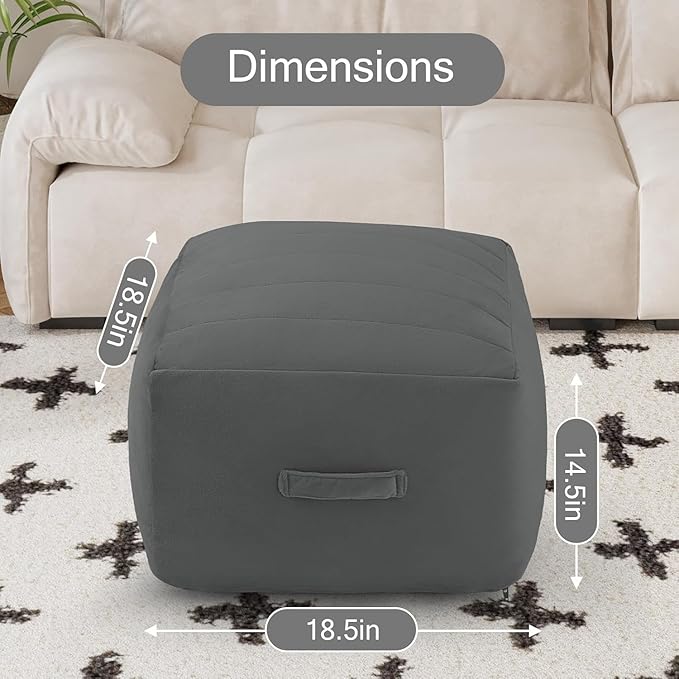 MeMoreCool Square Stuffed Pouf Ottoman Foot Rest, Floor Pouf Foot Stool with Foam Chunk Filling, Soft Stuffed Ottoman Footrest for Living Room, Dark Grey
