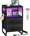 Nightstand with Light, LED End Table with Drawers and Charging Station Type C Port, Small Bedside Table with Hooks, Storage Dresser Side Table for Living Room, Bedroom, Dorm, Black