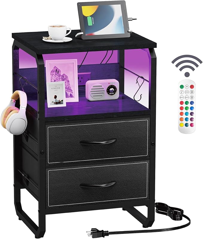 Nightstand with Light, LED End Table with Drawers and Charging Station Type C Port, Small Bedside Table with Hooks, Storage Dresser Side Table for Living Room, Bedroom, Dorm, Black