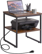Square Side Table with Charging Station and USB Port, 20-inch Multi-Functional Side Table/Printer Table with Adjustable Storage Shelf, Retro Brown YD-TM153HD