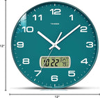 Wall Clock, 12" Dial Non-Ticking Silent Battery Operated Analog with LCD Display for Perpetual Calendar and F° Temperature, Ideal Modern Home, Bedroom, Kitchen, Office Decor (Green)