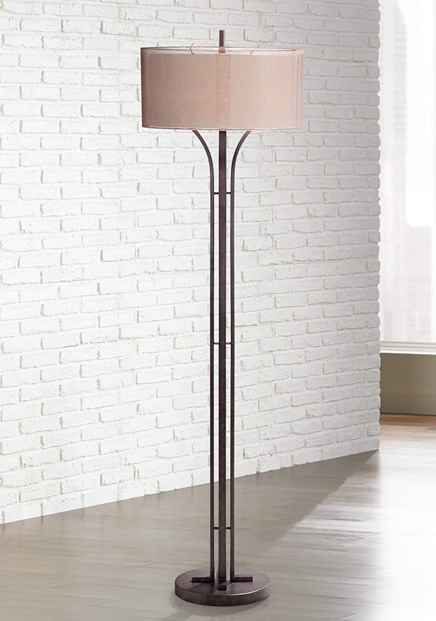 Franklin Iron Works Tristan Modern Standing Floor Lamp 64" Tall Bronze Metal Sheer Brown Textured Linen Fabric Double Drum Shades Decor for Living Room Reading House Bedroom Home