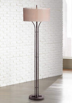 Franklin Iron Works Tristan Modern Standing Floor Lamp 64" Tall Bronze Metal Sheer Brown Textured Linen Fabric Double Drum Shades Decor for Living Room Reading House Bedroom Home