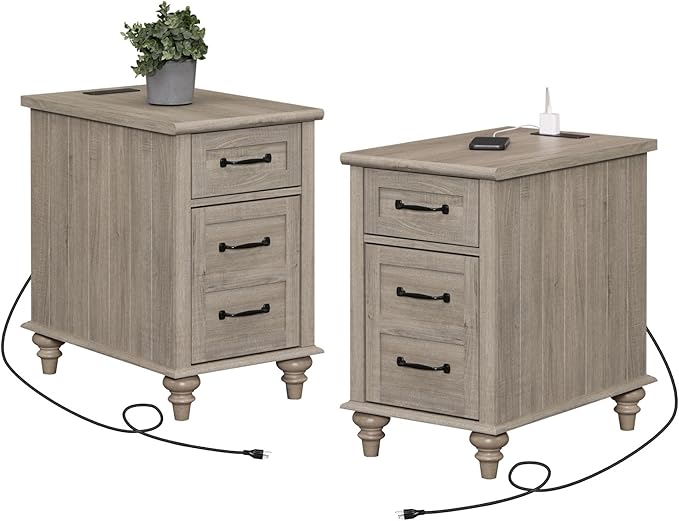 WAMPAT Set of 2 End Tables with Charging Station, Grey Side Table with Storage Cabinet & Drawer, Wooden Nightstands with Power Outlets & Type-C USB Port for Bedroom, Living Room