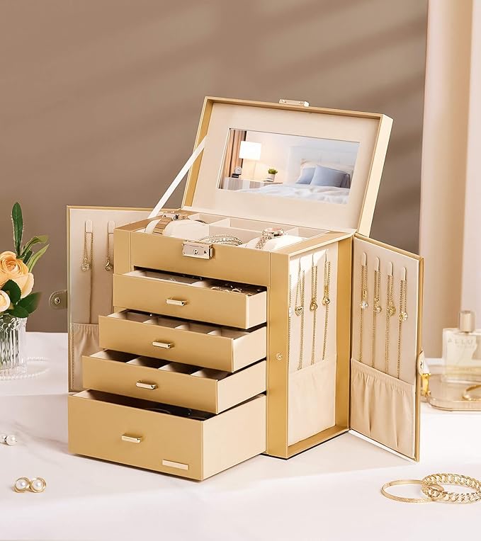 Valentine's Day Gifts Homde Synthetic Leather Huge Jewelry Box Mirrored Watch Organizer Necklace Ring Earring Storage Lockable Gift Case (Gold)
