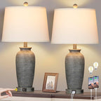 25" Farmhouse Jar Table Lamps Set of 2, 3 Way Touch Control Rustic Bedside Lamps with USB A+C Ports & AC Outlet, Pot Nightstand Lamps for Bedroom Living Room (LED Bulbs Included)