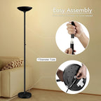 30W Torchiere Floor Lamp - 3600LM Super Bright LED Floor Lamp, 71 Inch Stepless Dimmable Standing Lamp with 3000K Lighting, Rotary Switch, Tall Metal Torch Floor lamps for Living Room/Bedroom (Black)
