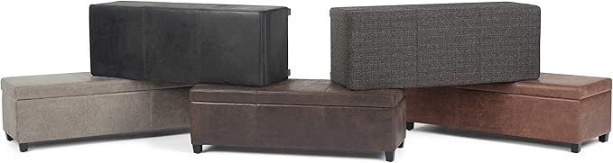 SIMPLIHOME Avalon Storage Ottoman Bench - 48 inch Wide Upholstered Vegan Leather Rectangular Lift-Top Ottoman in Distressed Umber Brown, Contemporary Bench for Living Room with High-Density Foam