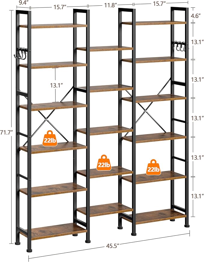 Furologee Triple 6 Tier Bookshelf, Bookcase with 17 Open Display Shelves, Wood and Metal Shelf Storage Organizer,Industrial Wide Shelving Unit for Living Room,Home Office,Rustic Brown