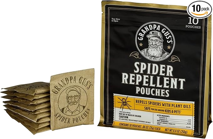 Grandpa Gus's Natural Spider Repellent Pouches, Spider Deterrent with Peppermint and Lemongrass Oil, Indoor Pest Control for Closet, Basement, Cabin, Shed, RV & Garage, 8.8 oz Each (10 Pouches)