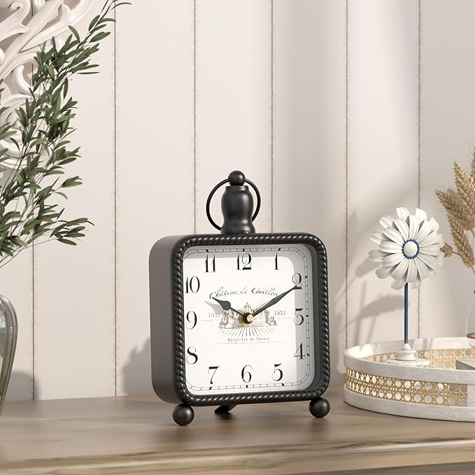 Vintage Black Table Clock on Stand, Desk and Shelf Decor Clock, French Rustic Style Mantel Clocks for Farmhouse, Living Room, Bedroom, Bedside, Gift (8.5" H x 5.5" W)