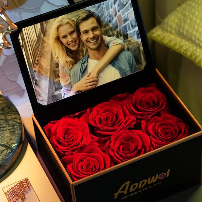 ADDWel Preserved Rose Gift Box with 4x6 Photo Frame, Romantic Flower Gifts for Women, Wife or Girlfriend, 6 Eternal Roses for Delivery on Christmas, Birthday, Anniversary, Valentine’s Day
