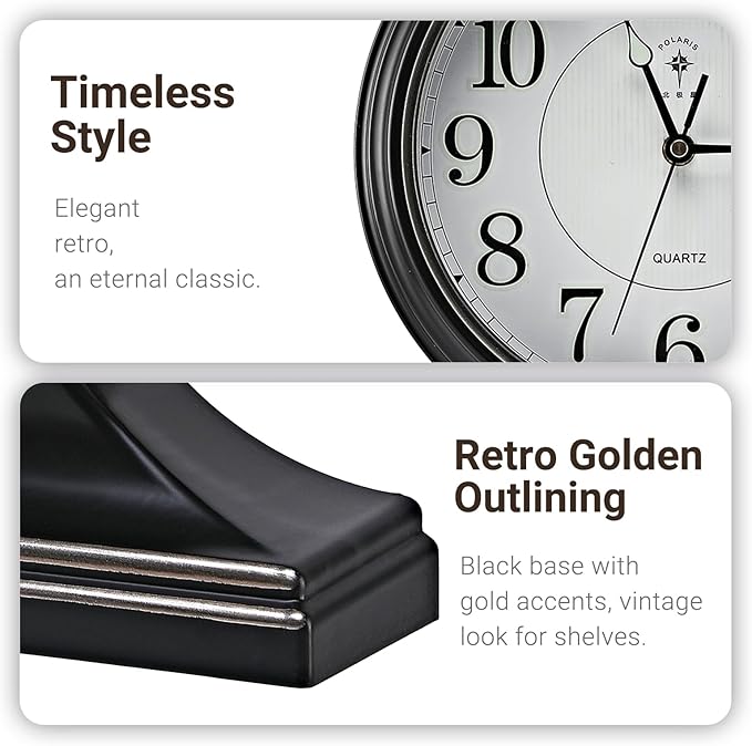 10-inch Vintage Mantel Desk Clock, Silent Desk Clock for Living Room Décor, Easy to Read Larege Retro Mantel Clocks for Fireplace and Shelf Decoration.(Black)
