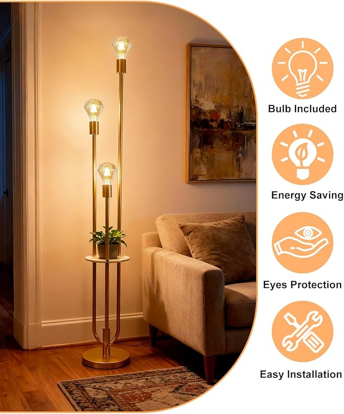 Lightdot Gold Floor Lamp for Living Room, Dimmable Vintage Floor Lamp with Shelf & E26 Base Bulbs, 3 Light Mid Century Standing Lamp, Tall Lamp for Bedroom/Sofa Beside/Corner Decor(Bulbs Included)