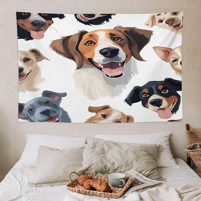 VUMIVI Cartoon Dog Tapestry Black & White Pet Dog Heads Cute Illustration Modern Creative Design Tapestry Wall Hanging for Living Room Bedroom Dorm Classroom Aesthetic Decor W60xL40in