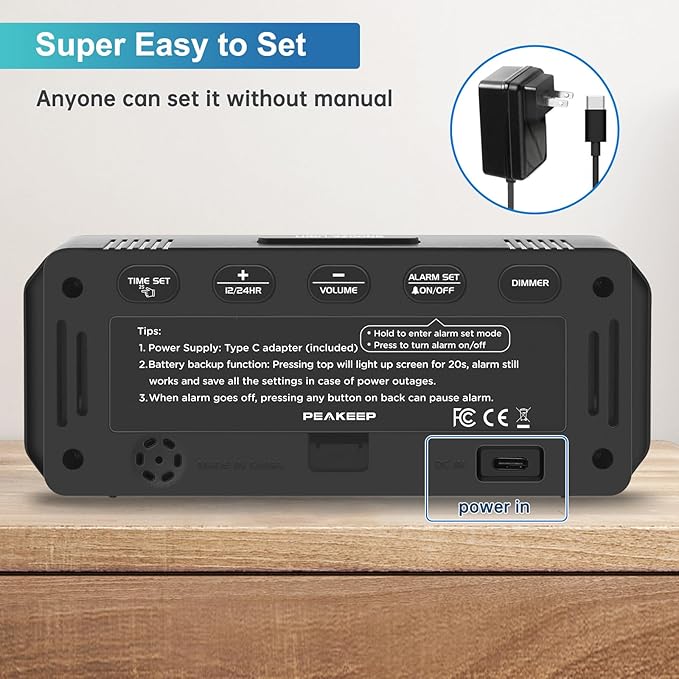 Peakeep Small Digital Alarm Clock Plug in for Bedrooms Bedside, Tiny Electric Clock Large Big Numbers Display with Battery Backup for Desk Table, 6 Dimmers, 5 Adjustable Alarm Volumes (Blue)