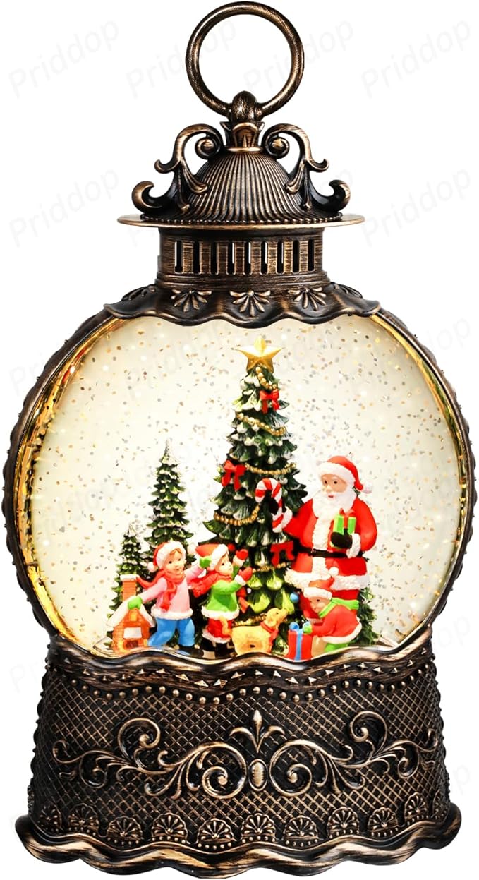 Santa Snow Globe Christmas Decorations Indoor Santa Claus Gifts Classic Relief Texture Musical Glitter Snowfall USB/Battery Timer Lantern 10.6 inch