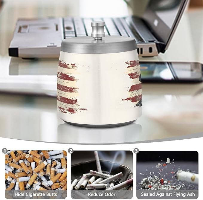 Cowboy Dog Vintage American Flag Ashtray with Lid, Outdoor Ashtrays for Patio, Stainless Steel Ashtray Odorless Smokeless for Home Office Balcony